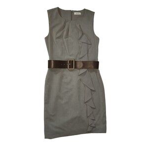 Calvin Klein Grey Sleeveless Sheath Dress With Brown Belt Size Medium (See Measu
